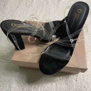 Olivia Fargiano Clear Strap Block Heels